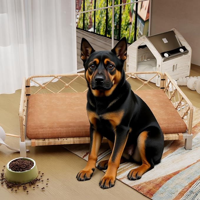 Elevated Waterproof Dog Beds for Large Dogs with Egg Crate Foam Support Pet Bed, Outdoor Dog Sofa Bed PE Wicker Orthopedic Pet Couch Bed with Washable Removable Cushion