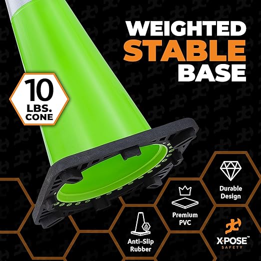 Xpose Safety 36” Lime Green Traffic Cone Dual 6" & 4" Reflective Collar – 48 Pack Multipurpose Premium PVC Safety Cone for Parking, Caution, Construction, Road Crews, Emergency Vehicle -DOT Approved
