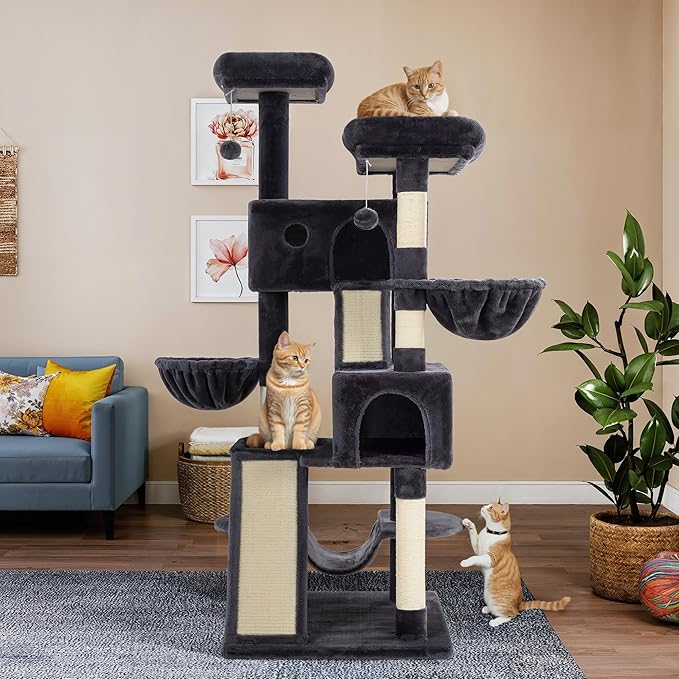 WEEWAY Cat Tree Tower for Indoor Cats,65'' Multi-Level Cat Furniture Activity Center,Stand House Condo Cave,Sisal Scratching Posts Ramps,Plush Perches Platforms Basket Hammock, Dark Grey