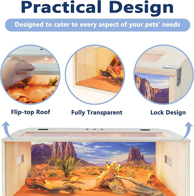 PROLEE Tempered Glass Bearded Dragon Tank,Wooden Reptile Tank and Lizard Tank, Large Bearded Dragon Enclosure with Built-in Lamp Fixture, Snake Tank (Wooden-Topped roof, 48inch,80 Gallons)