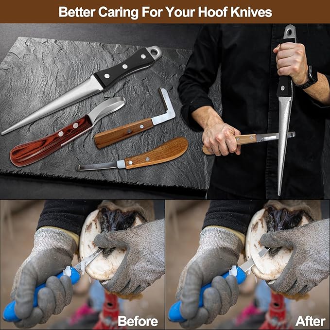Hoof Knife Sharpener,10 Inch Farrier Tool,Honing Rod with Professional Ergonomic Solid Wood Handle for Hoof Knives and Most Kinds of Farm Knives
