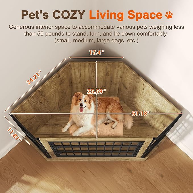 51" Corner Dog Crate Furniture, Wooden Dog Kennel Furniture with 2-Tier Shelves, Decorative Wood Dog House for Small/Medium/Large Dog, Space-Saving Dog Cage for TV Stand（Oak）