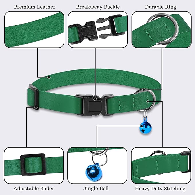 Breakaway Cat Collar with Bell - Leather Adjustable Kitten Collars with Safety Quick Release Buckle - Soft Small Pet Collars for Girl & Boy Cats (Green)
