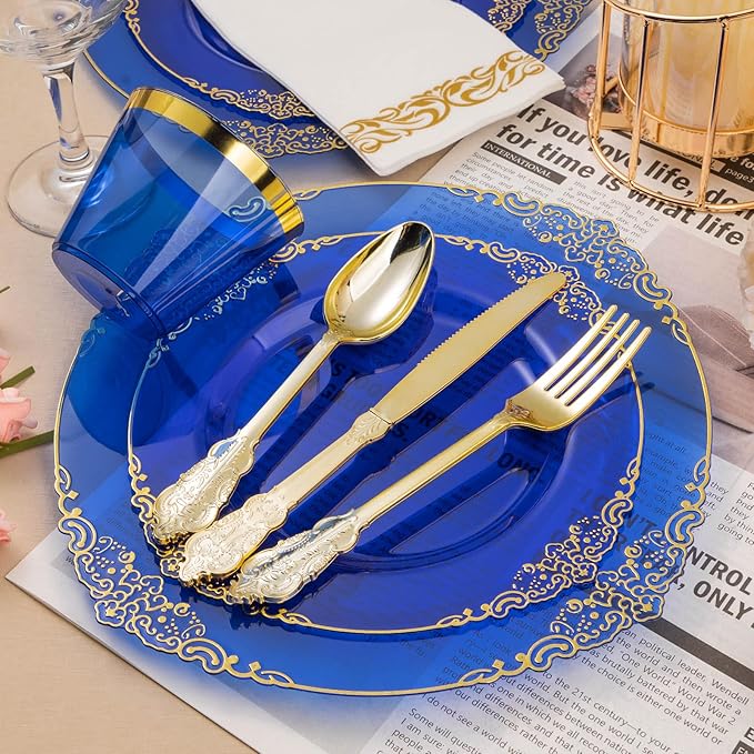 350PCS Clear Blue Plastic Plates for 50 Guests, Disposable Plates with Gold Trim include 50 Dinner and Dessert Plates, 150 Gold Silverware, 50 Cups, 50 Napkins for Party, Wedding & Graduation