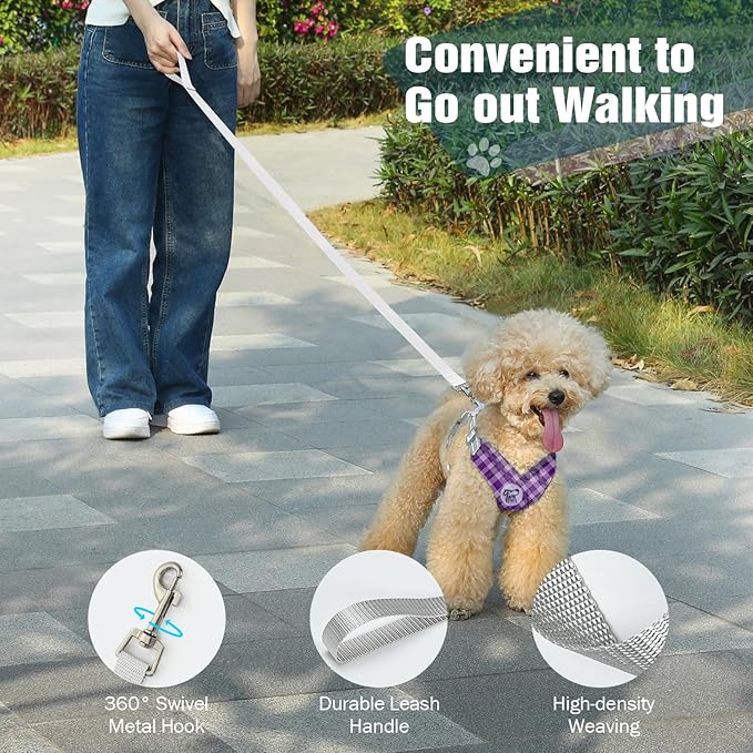 Pawaboo Small Dog Harness and Leash Set, Puppy Harness X-Frame No Pull No Choke, Dog Vest Harness Adjustable for Small Medium Sized Dogs,Soft Breathable Pet Harness for Walking Outing, M, Purple Plaid