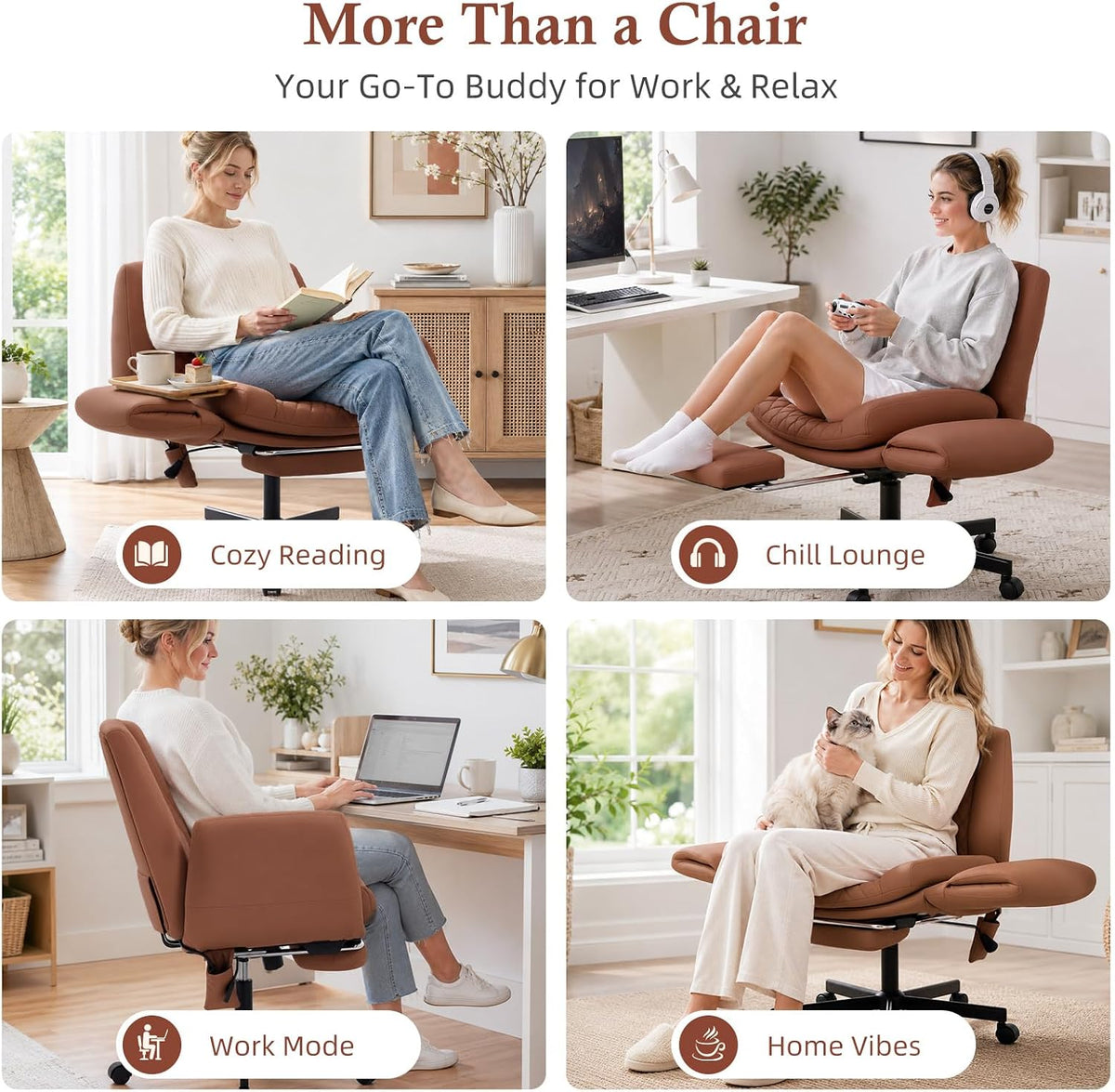 Criss Cross Office Chair with Footrest, Scratch-Resistant PU Leather, Brown