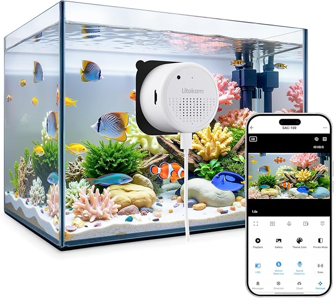 litokam Reptile & Aquarium Camera, 2K Anti-Glare Fish Tank & Terrarium Camera with Close-Focus Lens, 147° Ultra-Wide Angle, F1.0 Aperture, 3X Zoom, 24/7 Recording, 2.4G/5GHz WiFi