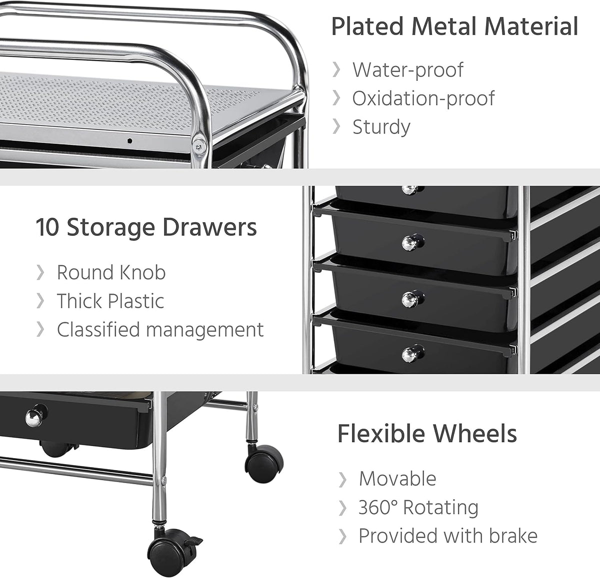 Yaheetech 10-Drawer Rolling Storage Cart with Wheels, Slim Organizer, Black