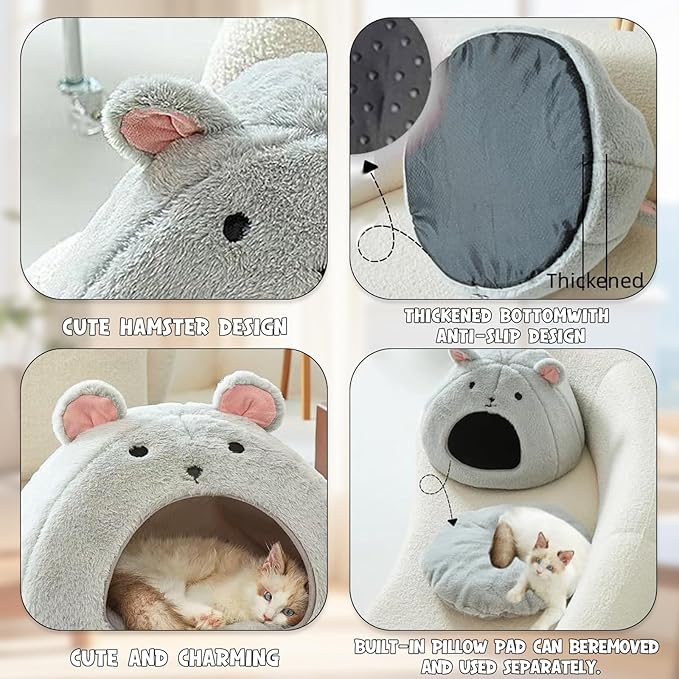 Cozy Mouse Ear Pet Cave Bed Ultra-Soft Gray Plush cave Bed, Cat Cave Beds Cat House Cat Tent with Removable Washable Cushioned Pillow, Cat Beds&Dog Beds,Perfect for Small & Medium Pets