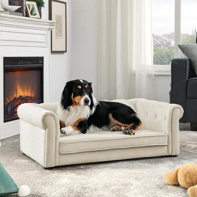 Dog Sofa Couch for Medium to Large Dogs, Memory Foam Dog Couch with Washable Fabric, Removable Cushion, Sofa Bed for Medium and Large Dogs, Beige