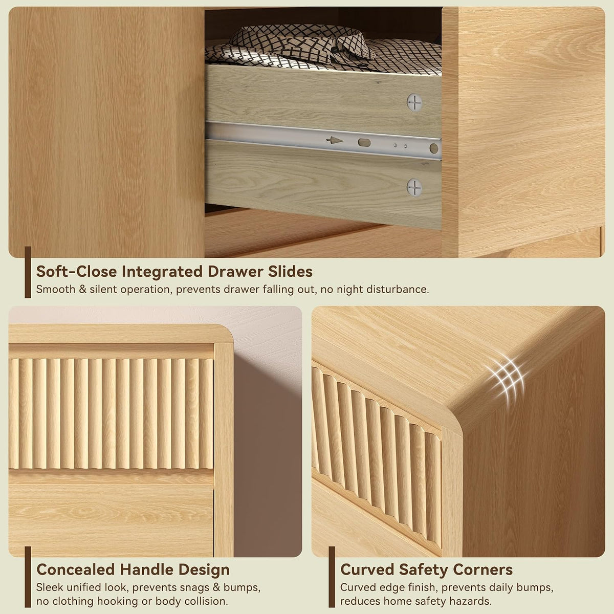 Fluted 8 Drawer Dresser for Bedroom, 50” Wide Modern Dresser & Chest of Drawers with Curved Profile Design, Wood Mid Century Dressers for Bedroom, Living Room, Oak