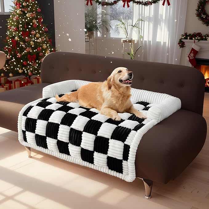 LiveGo Fuzzy Pet Couch Covers for Sofa, Dog Couch Cover Fuzzy Sofa Cover Cream Square Plaid Dog Bed Plush Dog Mat for Furniture Protector for Large Medium Dogs and Cats
