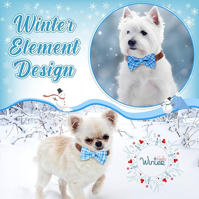 Hillban 50 Pcs Plaid Dog Bow Ties, Dog Collar Bowtie Attachments with Elastic Bands, Blue Check Bowknots for Pets, Grooming Accessories & Photo Props