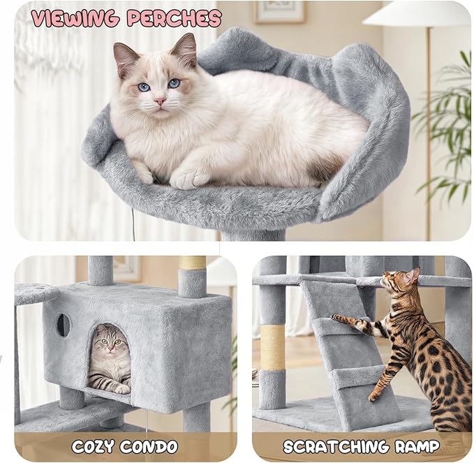 MoNiBloom 54 Inch Cat Tree Tower for Indoor Cats Large Adults, Cat Tower with Scratching Post, Multi-Level Furniture Activity Center with Cat Condo Pet Play House, Light Grey