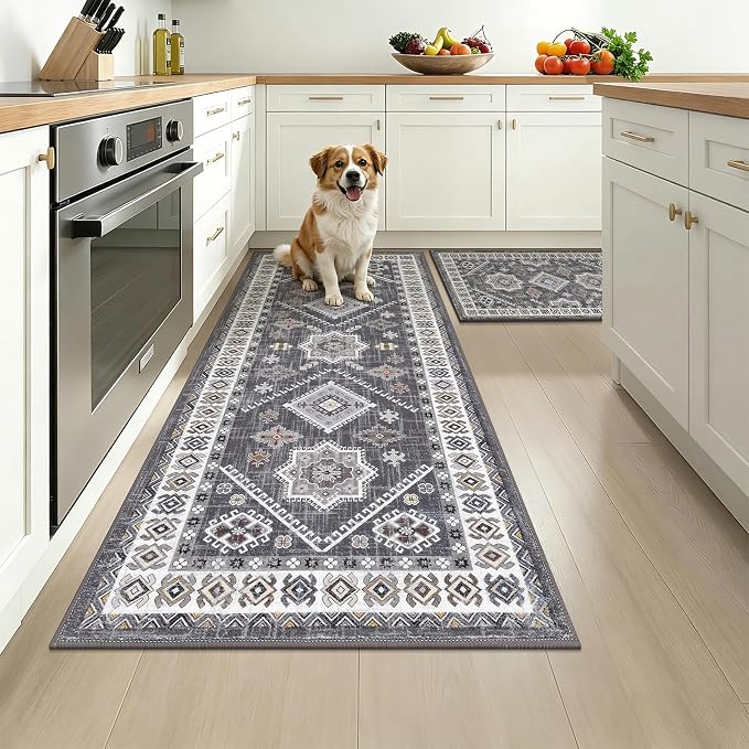 HEBE Boho Kitchen Rugs Sets of 2, Non Slip Washable Kitchen Mats