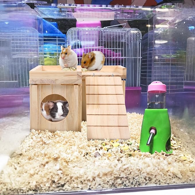 Wooden Hamster Hideout, Multi-Chamber Hamster House Maze, Hamsters Secret Peep Shed, Gerbils Chamber Hut with Ladder, Detachable Small Animals Cage Accessories for Small Animal