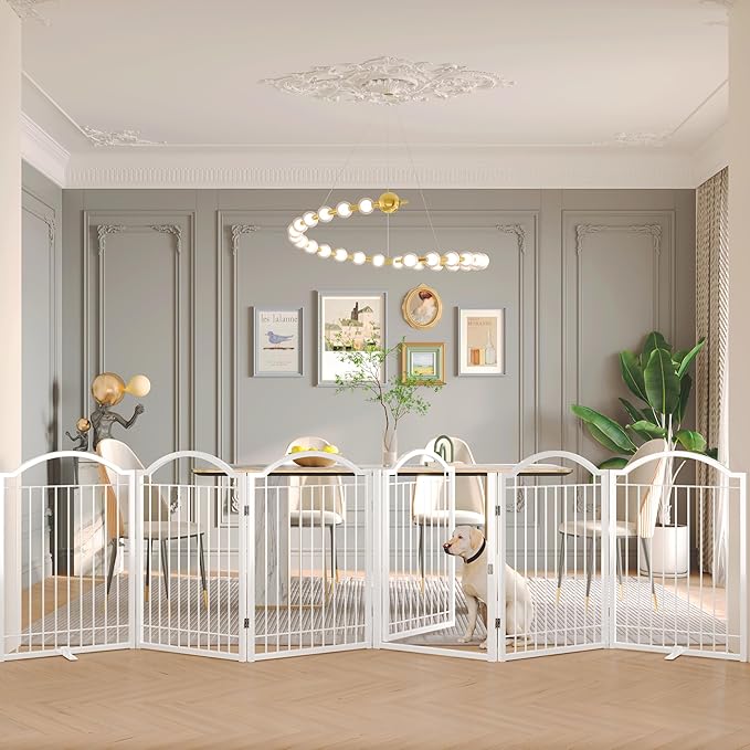 BHG Metal No-Assembly Freestanding Dog Gate with Door Walk Through, Extra Wide 144", Extra Tall 32" Pet Gate, Accordion Puppy Folding Playpen Dog Fence, with 2PCS Support (White, 6 panesl)