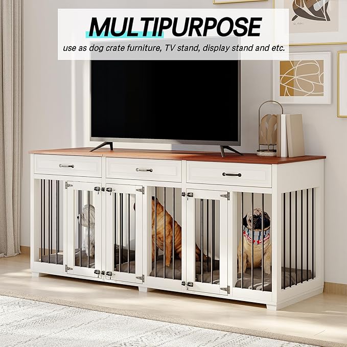 Dog Crate Furniture - Indoor Wooden Dog Kennel with 2 Dividers, 3 Drawers, and 3 Lockable Doors, 72"x23.6"x31.5"H, White
