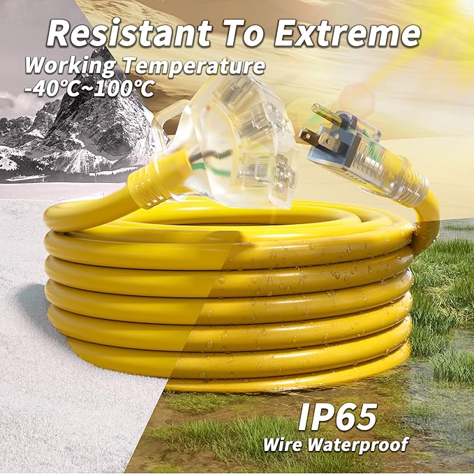 100 FT 10 Gauge Outdoor Extension Cord with Multiple Outlets Light Indicator, Flexible 3 Outlet Weatherproof Heavy Duty Extension Cord Waterproof Yellow, 15A 1875W 10AWG SJTW, ETL Listed