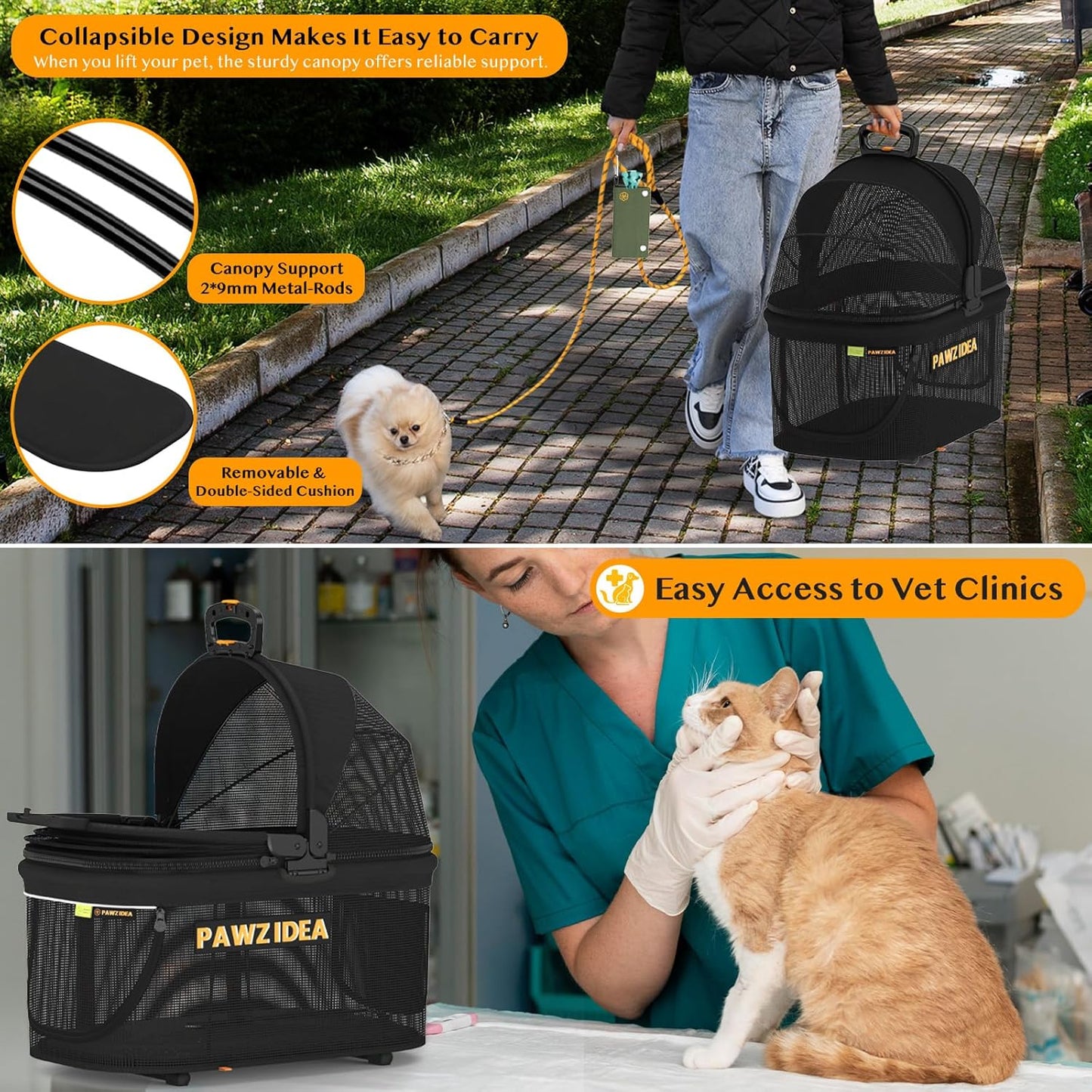 PAWZIDEA Dog Stroller 4 in 1, Pet Stroller for Cats with Detachable Carrier for Small/Medium Dogs/Cats, Seatbelt Car Seat Combo, Cozy House, Foldable & Lightweight Jogger Strollers, Storage Basket