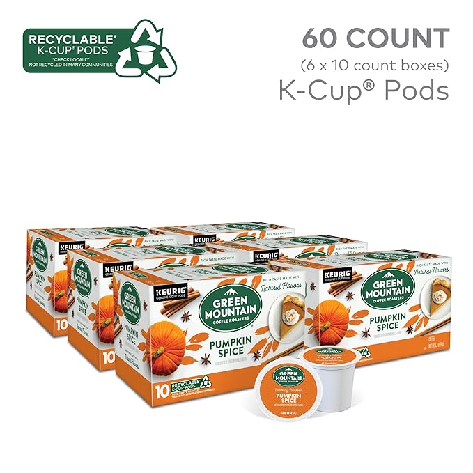 Green Mountain Coffee Roasters Pumpkin Spice, Keurig Single-Serve K-Cup Pods, Light Roast Coffee, 60 Count (6 Packs of 10)