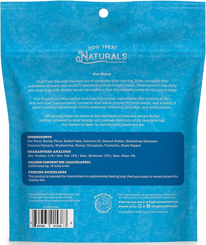 Dog Treat Naturals: Superfood Bites - Peanut Butter & Blueberry - 8oz Bag, Healthy Snacks, Chewy Reward, Turmeric for Joint Health