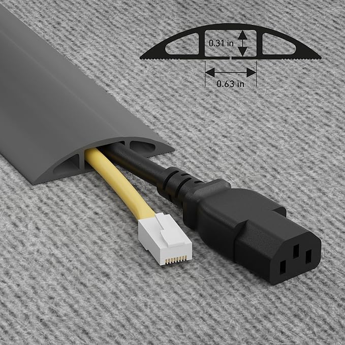 D-Line 30ft Floor Cord Cover, Floor Cable Protector, Extension Cord Cover, Protect Wires & Prevent Cable Trips, Cable Management Solution - Cord Cavity = 0.63" (W) x 0.31" (H) - Gray