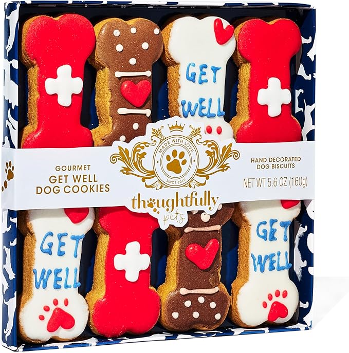 Thoughtfully Pets, Get Well Dog Cookies Gift Set, Crunchy Dog Treats Includes Colorfully Hand Decorated Get Well Themed Biscuits to Brighten Their Day, Set of 8