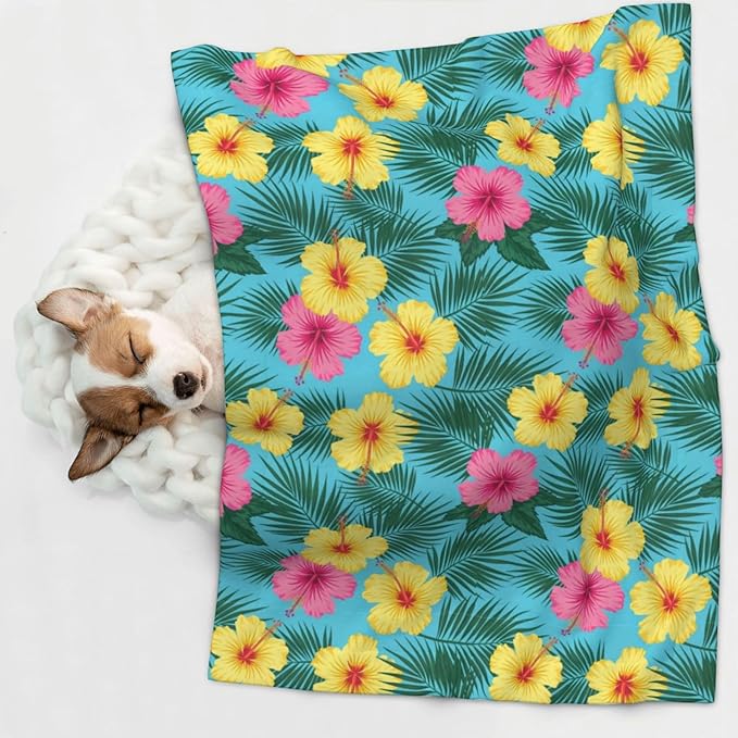 Dog and Cat Blanket in One, Hawaii Tropical Floral Plants, Double Sided Plush Throw with Raised Dot Pattern on One Side and Flat Velvet on Other for Variety