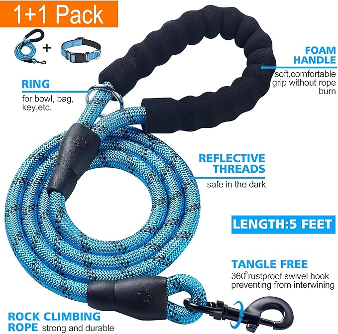 Reflective Dog Collar Padded with Soft Neoprene Breathable Adjustable Nylon Dog Collars for Small Medium Large Dogs (Small (Pack of 1), Vivid Blue Collar+Leash)
