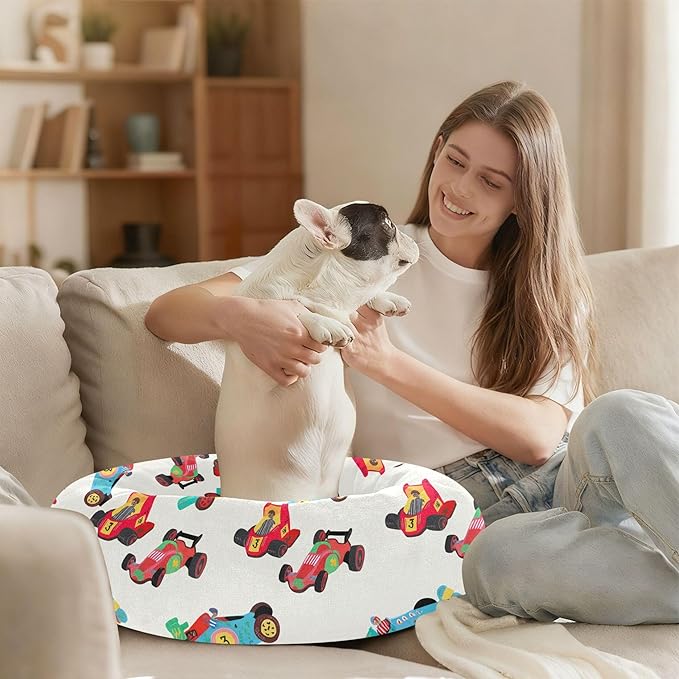 Dog Bed Race Cars Sleeping Pet Bed with Anti-Slip Bottom for Small Medium Dogs and Cats, Round Calming Sleeping Washable Puppy Beds 16 in