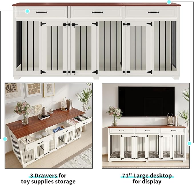 Dog Crate Furniture - Indoor Wooden Dog Kennel with 2 Dividers, 3 Drawers, and 3 Lockable Doors, 72"x23.6"x31.5"H, White