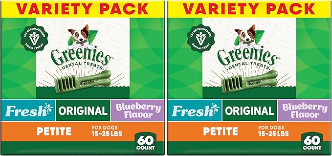 Greenies Veterinarian-Recommended Adult Natural Dental Dog Treats Petite Size,Variety Pack Flavor,(3) 12 oz. Packs,60 Count (Pack of 2)