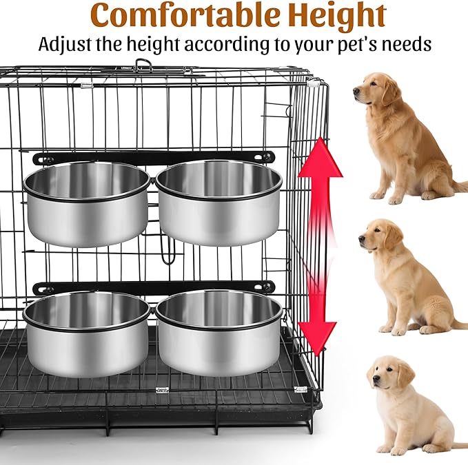 Dog Crate Water Bowls No Spill, 40oz Stainless Steel Dog Food and Water Bowl Set for Large/Medium/Small Pets, Detachable Hanging Pets Bowls for Cage, Kennel, Crate,Convenient for Adding Food and Water