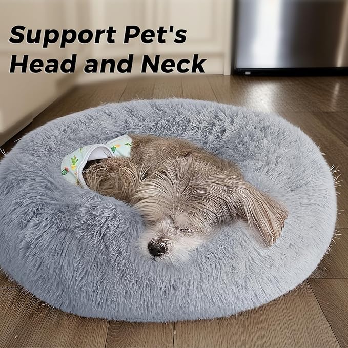 Calming Dog Bed & Cat Bed with Anti-Slip Bottom, Medium Size Washable Anti-Anxiety Donut Dog Beds for Medium Dogs, Fluffy Plush Cozy Round Dog Bed(27 Inch, Light Grey)