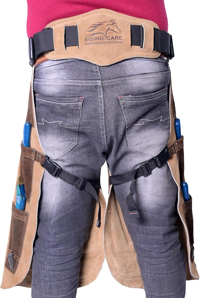 Equine Care Farrier Apron Chaps – Cowhide Suede Leather, Foam Padded Thigh and Back Support, Adjustable Waist, Tool Pockets, Magnetic Nail Holders (27 inches (70 cm))