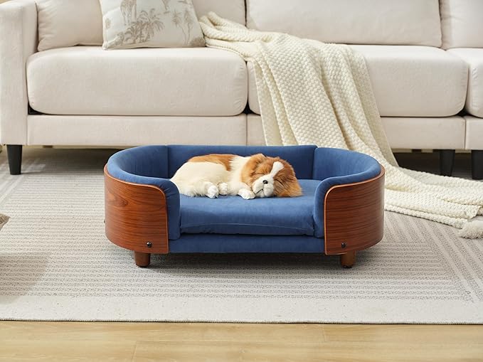 Scandinavian Style Elevated Dog Bed Pet Sofa with Solid Wood Legs and Bent Wood Back, Velvet Cushion, Small Size, Walnut Frame & Dark Blue Cushion