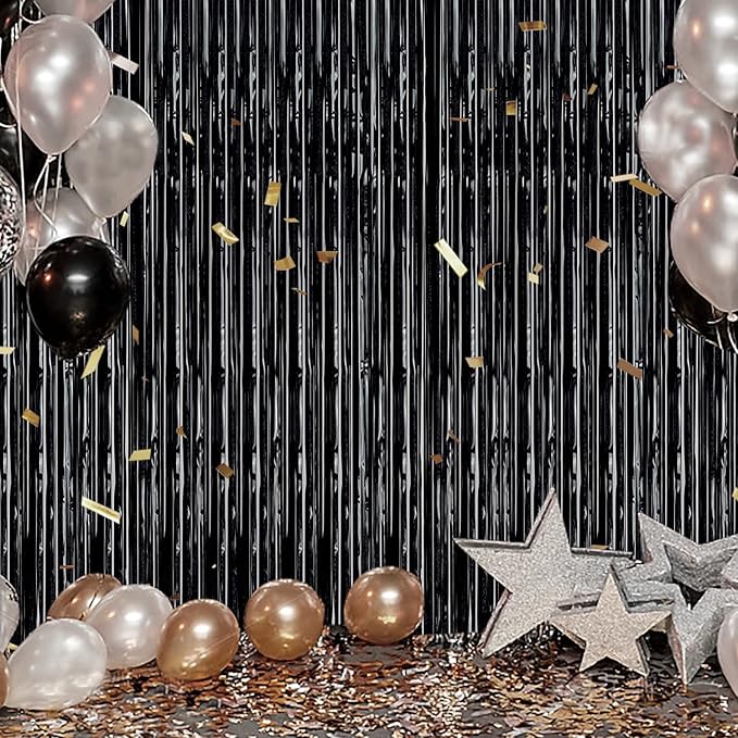 3 Pack Foil Fringe Backdrop - Laser Black Shiny Tinsel Curtains for Party Decoration/Photo Booth Props - 3.3x8.2 FT Metallic Foil Backdrop for Birthday, Wedding, Graduation, Christmas.