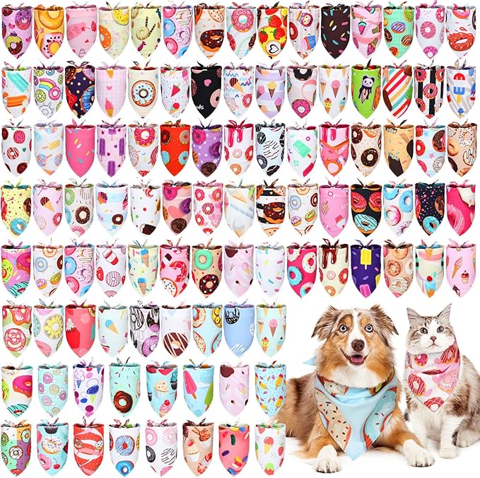 150 Pcs Donut Dog Bandanas Bulk Pet Bibs Colorful Triangle Scarf Donut Pet Bandanas for Medium Large Dogs Spring Summer Candy Theme Birthday Costume Decor