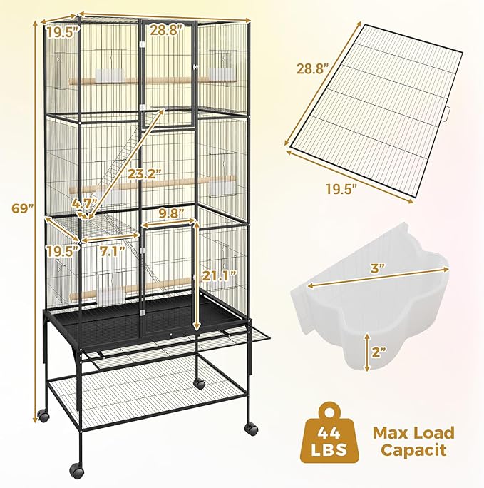69 Inch Large Bird Flight Cage Rolling Parrot Cage with Storage Shelf for Mid-Sized Birds, Macaw Cockatiels Conures Parakeets Budgie Finch Black
