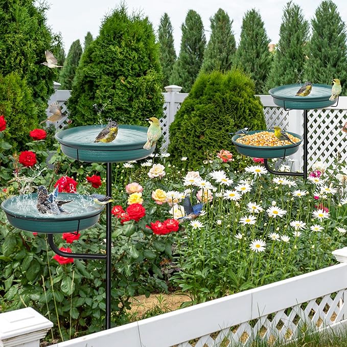 Freestanding Birdbaths Bowl Outdoor, Free Standing Garden Bird Bath Bird Feeder & Bird Bath Bowl, Detachable Decoration Spa Birdfeeder for Garden Patio Yard Lawn, 4 Spiky Metal Stake (Green 2)