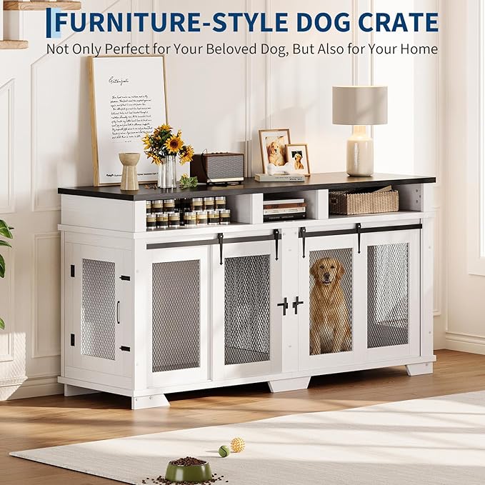 71'' Dog Crate Furniture for 2 Dogs, Extra Large Double Dog Kennel Indoor with Removable Divider and Storage Drawers, Wooden Dog Crate TV Stand for Large Medium Dogs
