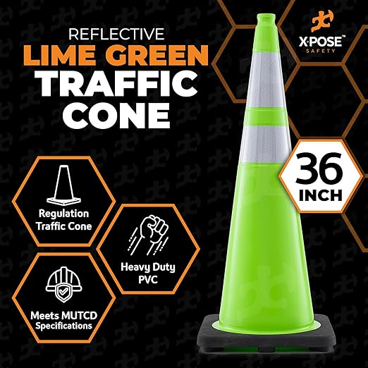 Xpose Safety 36" Lime Traffic Cones 6" & 4" Reflective Collar - Bulk Half Pallet 125 Pack - Premium PVC Safety Cone for Parking, Caution, Construction, Road Crews, Emergency Vehicle - DOT Approved