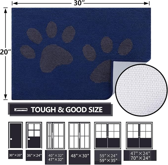 Buganda Dog Door Mat for Muddy Paws, Absorbent Dirt Trapper Washable Indoor Doormats, Non Slip Low-Profile Mud Mat for Dogs, Front Entrance Doormat for Inside Floor (30x20 Inches, Navy)