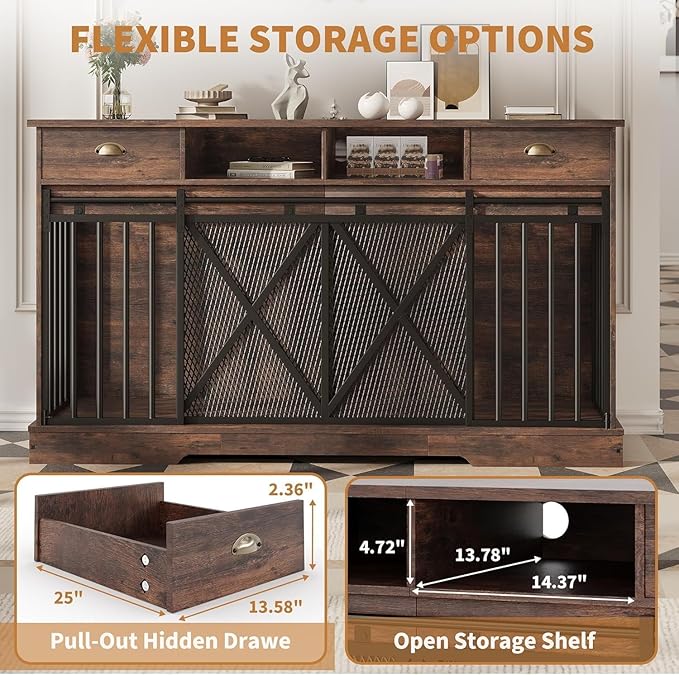 63 Inch Dog Crate Furniture with Double Doors, Modern Farmhouse Indoor Kennel for Small to Medium Dogs, Dual Drawer Storage TV Stand, Media Console and Sideboard, Versatile Pet Cabinet