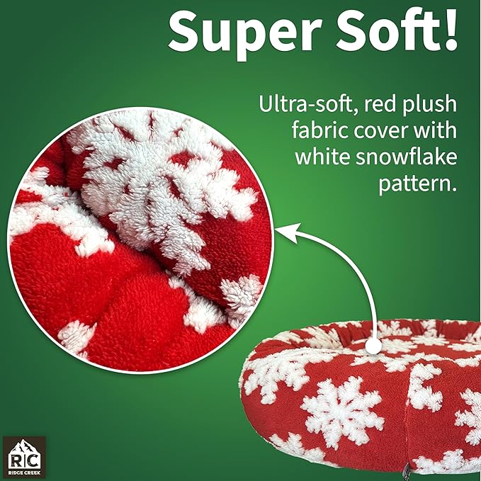 Round Couch Dog Bed for Pets (Snowflake Christmas Edition) Shredded Memory Foam Fill Base with Supportive Rounded Bolsters – Holiday Red/White (30 x 30 inch - Medium)