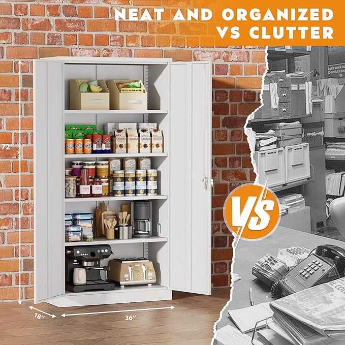 Greenvelly White Metal Cabinet, 72" H Steel Lockable Metal Storage Cabinet with 2 Doors and Adjustable Shelves,Tall Tool Organizer for Office,Home, Garage, Gym, School