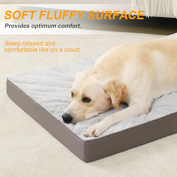 KSIIA Orthopedic Dog Bed Waterproof Dog Crate Bed for Extra Large Dogs Deluxe Plush Washable with Egg Crate Foam & Removable Cover, 47 x 29 Inch, Gray