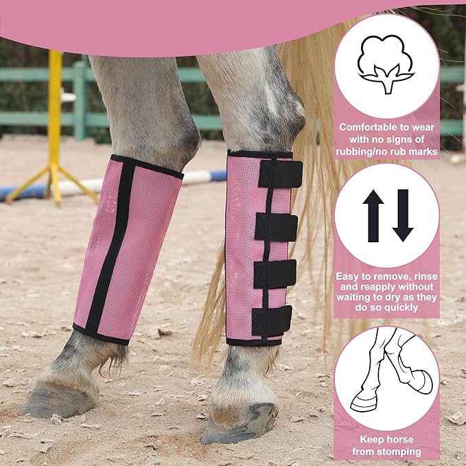 Horse Fly Boots Set of 4 - Non-Slip Leg Guards Extra Tough Mesh Ventilated, Adjustable Horse Fly Leggings Reduce Stomping & Hoof Stress & Leg Fatigue Pink Small