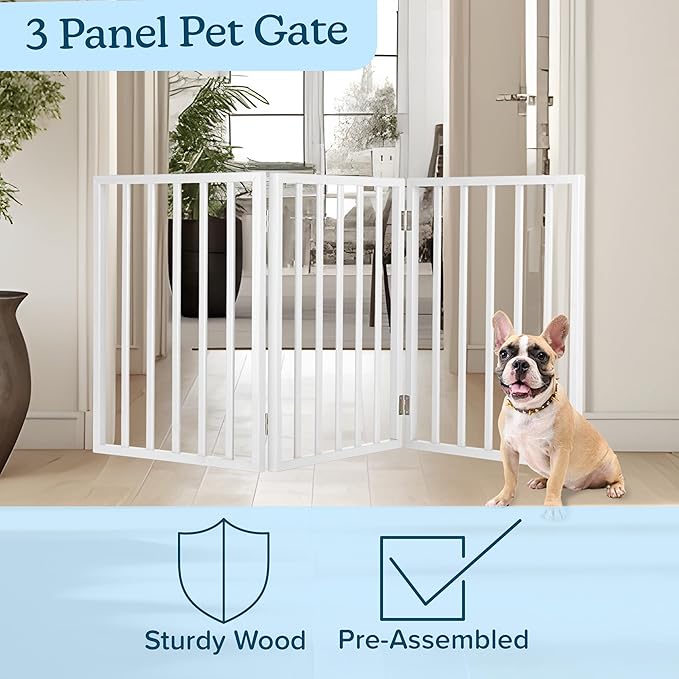 Pet Gate - 3-Panel Indoor Foldable Dog Fence for Stairs, Hallways or Doorways - 54x24-Inch Retractable Wood Freestanding Dog Gates by PETMAKER (White)
